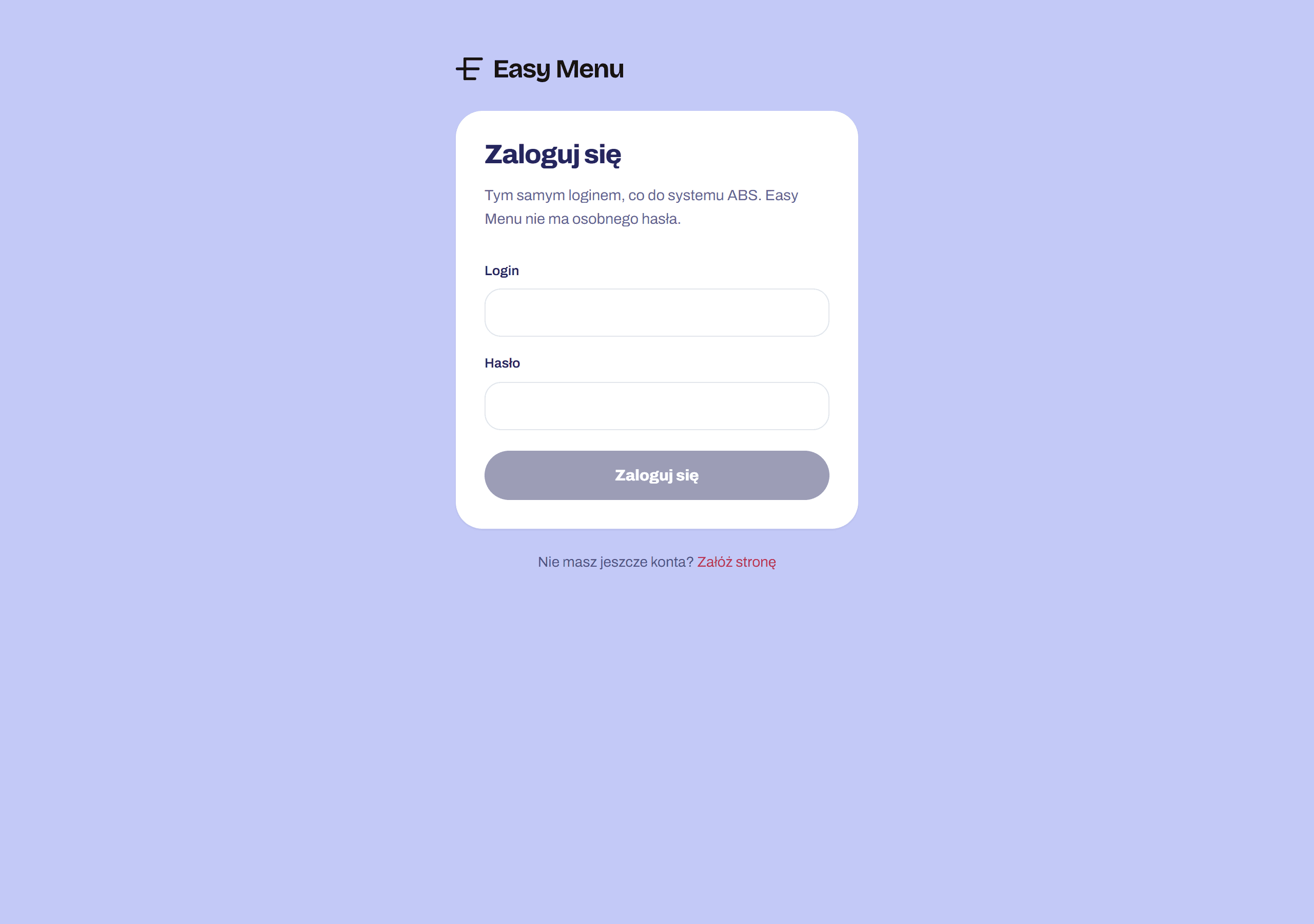 Signing in to Easy Menu — the same credentials as the ABS panel.
