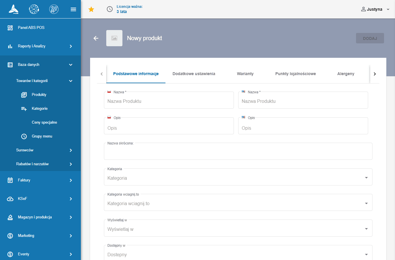 A new product, the „Podstawowe informacje” tab.